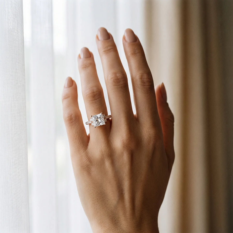 Rose gold Princess Diamond Three-Stone Pave Band with Four-Prong Setting