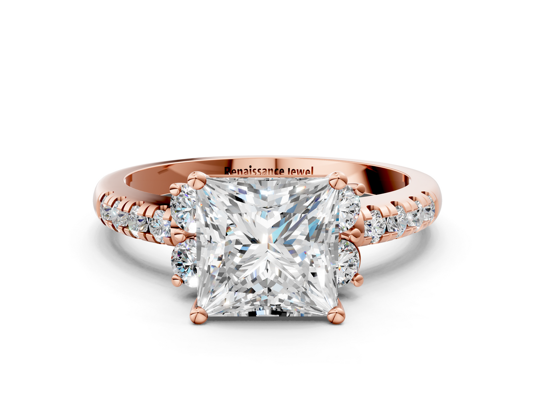 Rose gold Princess Diamond Three-Stone Pave Band with Four-Prong Setting_32