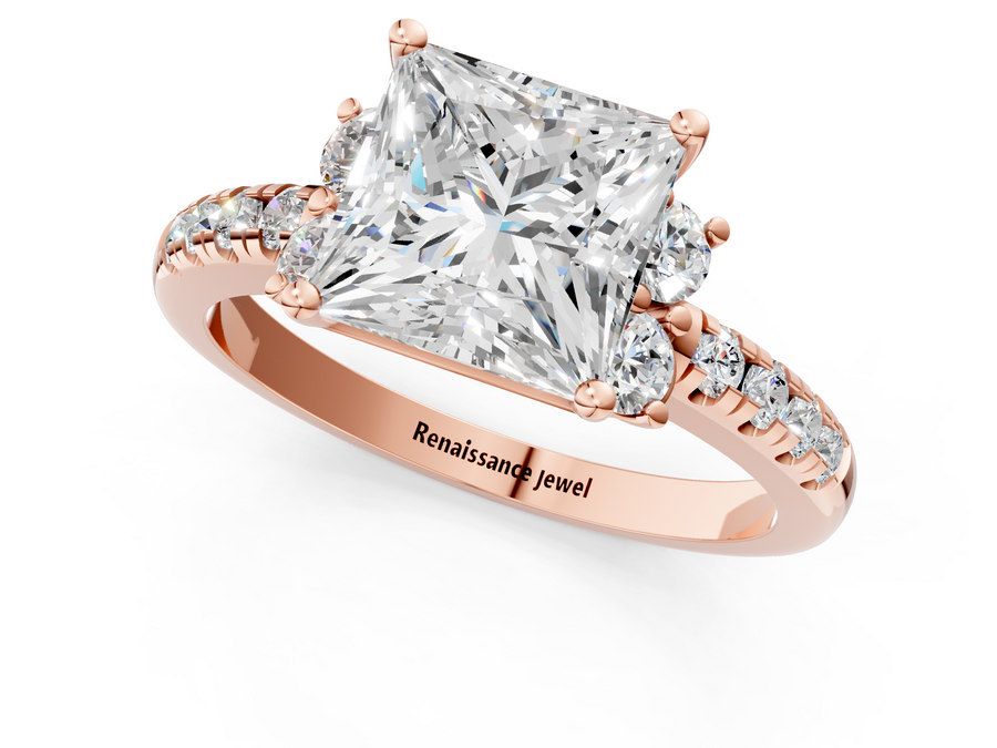Rose gold Princess Diamond Three-Stone Pave Band with Four-Prong Setting