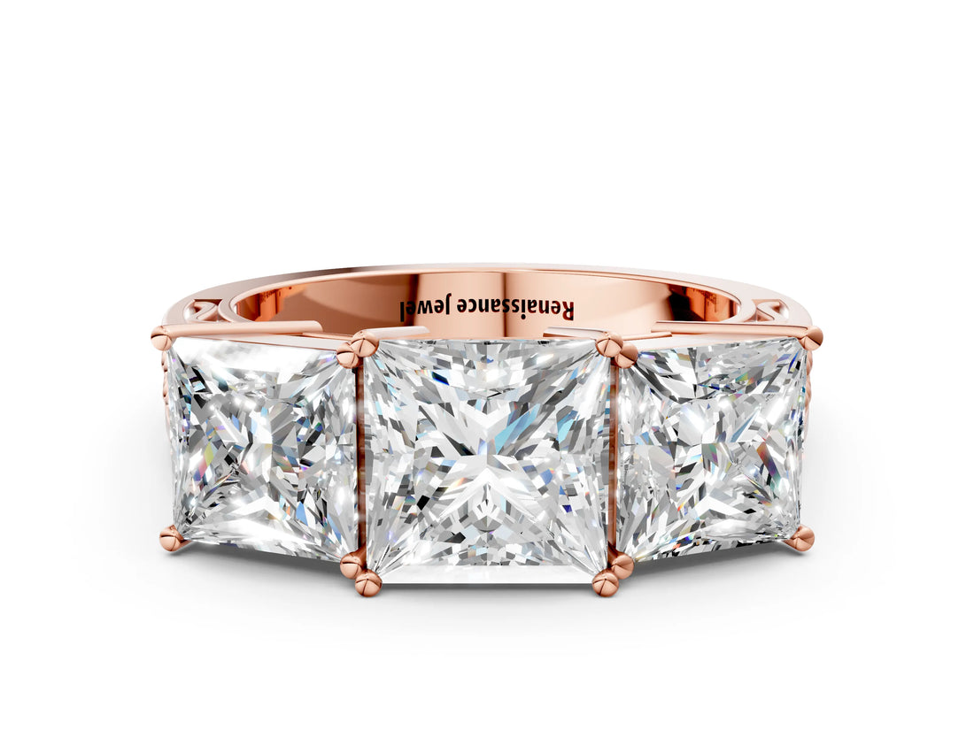Rose gold Princess Diamond Three-Stone Ring with Prong Setting and Textured Band_6