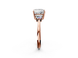 Rose gold Princess Diamond Three-Stone Ring with Trapezoid Side Stones and Prong Setting_25