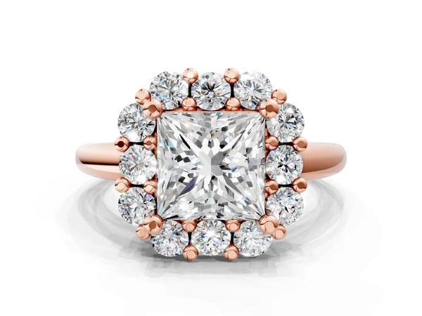 Rose gold Princess Halo Cluster Diamond Engagement Ring with Prong Setting and Polished Band