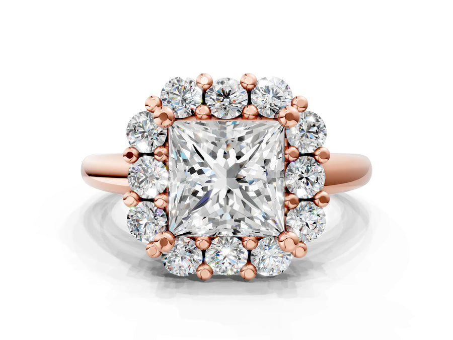 Rose gold Princess Halo Cluster Diamond Engagement Ring with Prong Setting and Polished Band