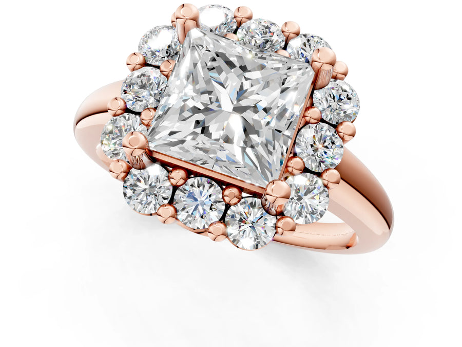 Rose gold Princess Halo Cluster Diamond Engagement Ring with Prong Setting and Polished Band