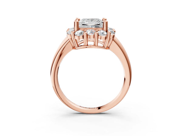 Rose gold Princess Halo Cluster Diamond Engagement Ring with Prong Setting and Polished Band