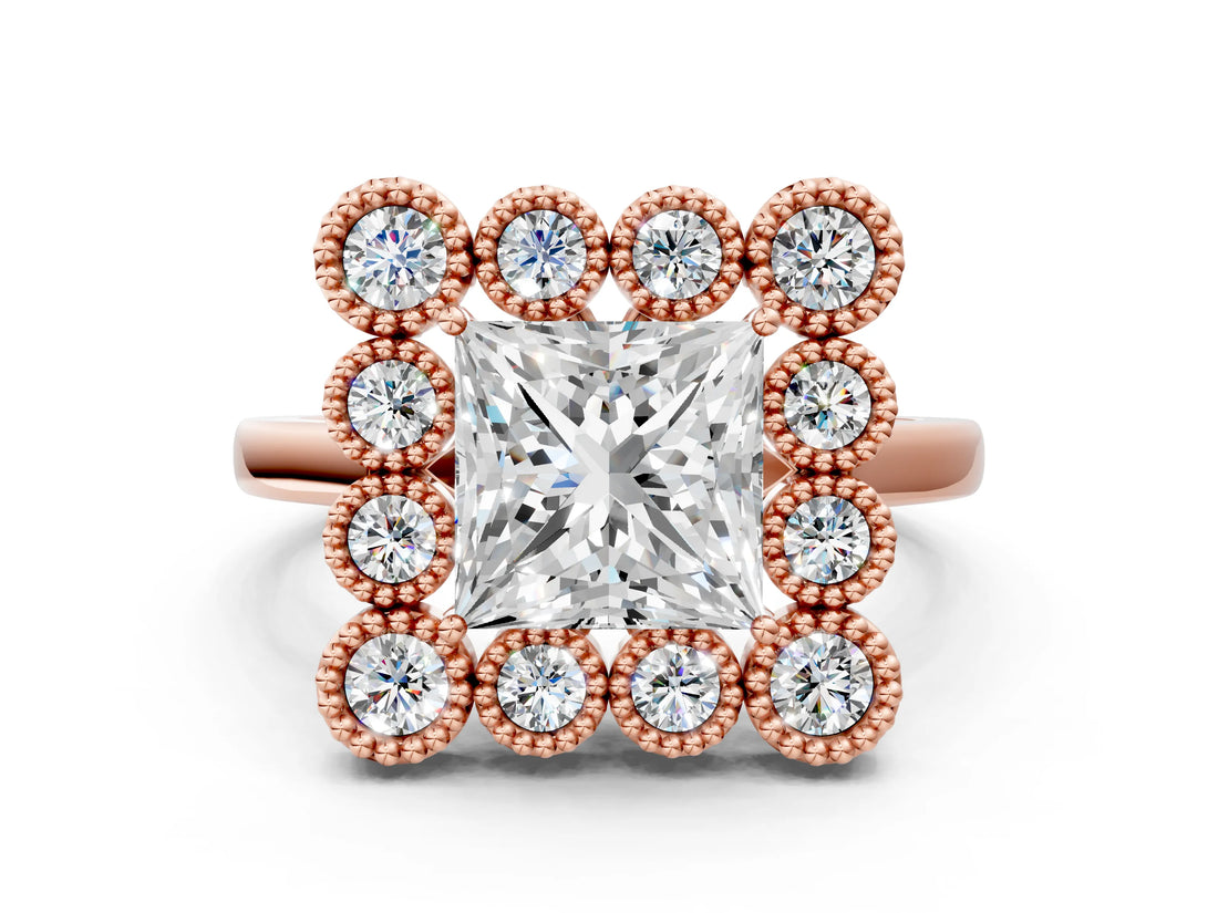 Rose gold Princess Halo Diamond Cluster Engagement Ring with Milgrain Bezel Setting and Solitaire Band_27