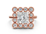 Rose gold Princess Halo Diamond Cluster Engagement Ring with Milgrain Bezel Setting and Solitaire Band_27