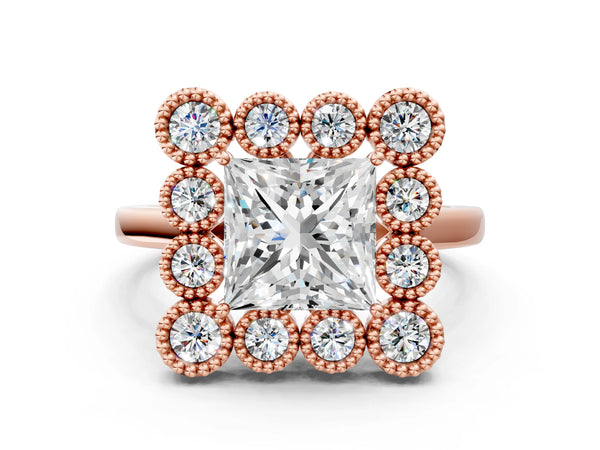 Rose gold Princess Halo Diamond Cluster Engagement Ring with Milgrain Bezel Setting and Solitaire Band