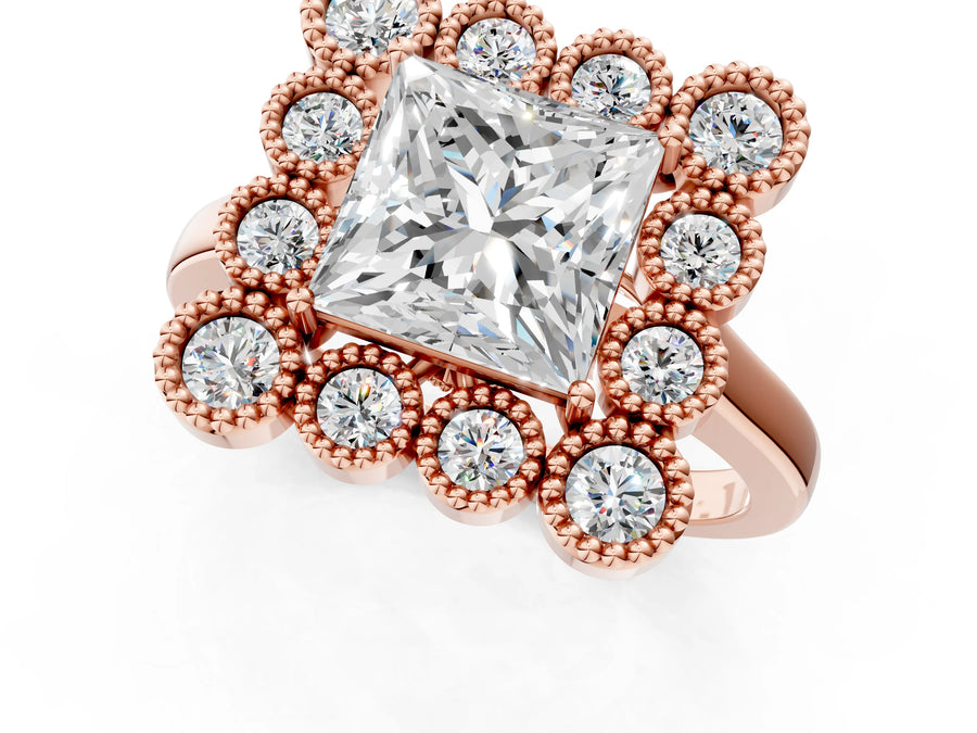 Rose gold Princess Halo Diamond Cluster Engagement Ring with Milgrain Bezel Setting and Solitaire Band