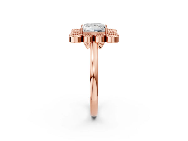 Rose gold Princess Halo Diamond Cluster Engagement Ring with Milgrain Bezel Setting and Solitaire Band