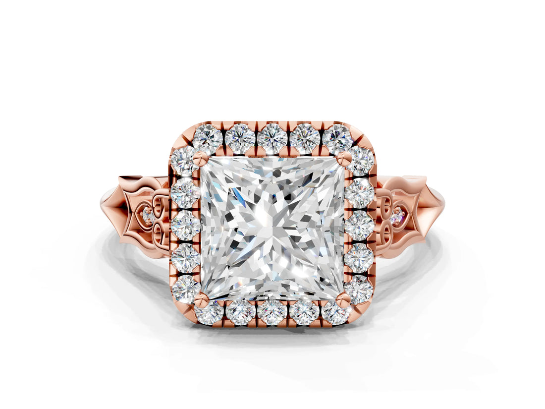 Rose gold Princess Halo Diamond Engagement Ring with Filigree Band and Four-Prong Setting_81