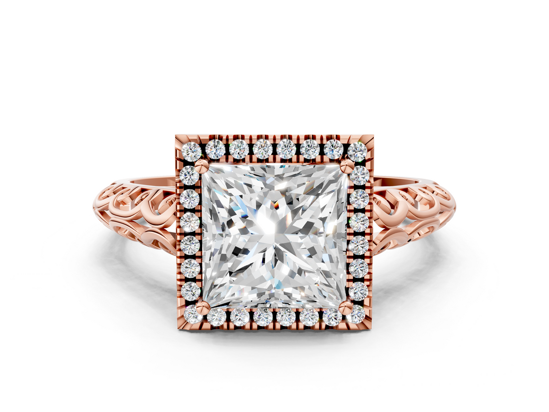 Rose gold Princess Halo Diamond Engagement Ring with Intricate Filigree Band and Four-Prong Setting_37