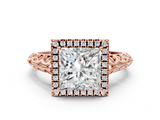 Rose gold Princess Halo Diamond Engagement Ring with Intricate Filigree Band and Four-Prong Setting_37