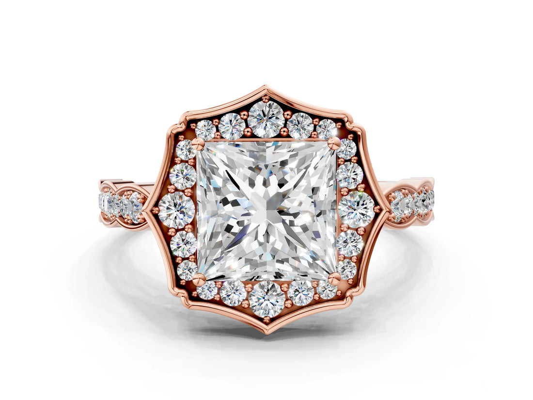 Rose gold Princess Halo Diamond Engagement Ring with Milgrain Band and Four-Prong Setting_37