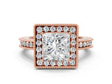 Rose gold Princess Halo Diamond Engagement Ring with Milgrain Pave Band and Four-Prong Setting_121