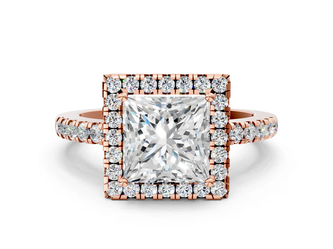 Rose gold Princess Halo Diamond Engagement Ring with Pavé Band and Four-Prong Setting_81