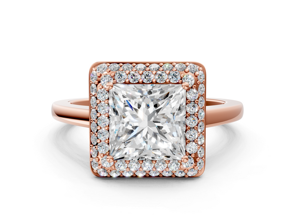 Rose gold Princess Halo Diamond Engagement Ring with Solitaire Band and Four-Prong Setting