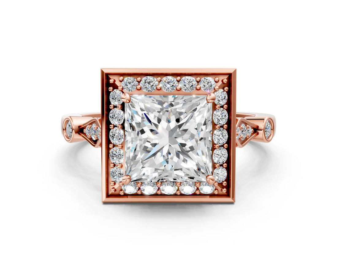 Rose gold Princess Halo Diamond Engagement Ring with Twisted Band and Four-Prong Setting 1
