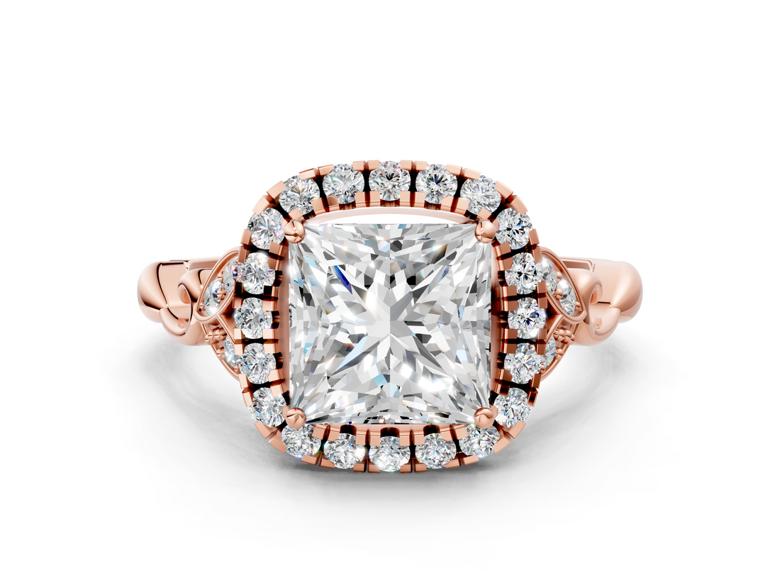 Rose gold Princess Halo Diamond Engagement Ring with Vintage-Inspired Band and Four-Prong Setting_3