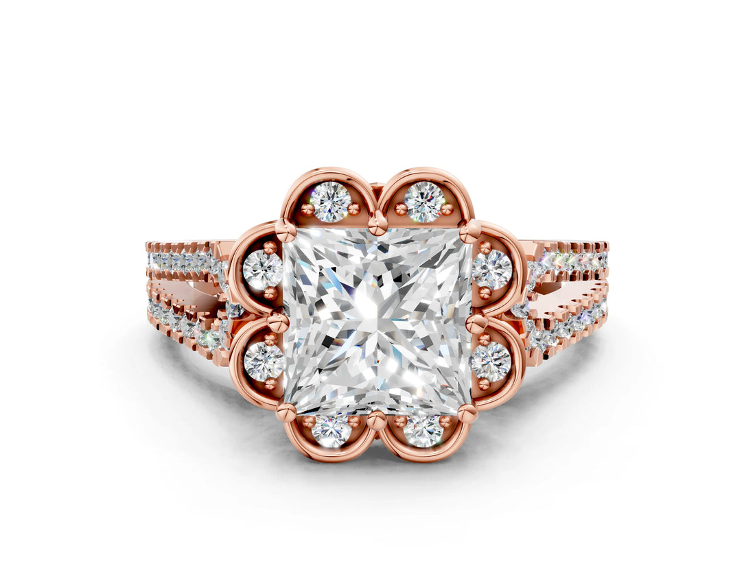 Rose gold Princess Halo Diamond Floral Split Shank Engagement Ring