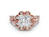 Rose gold Princess Halo Diamond Floral Split Shank Engagement Ring