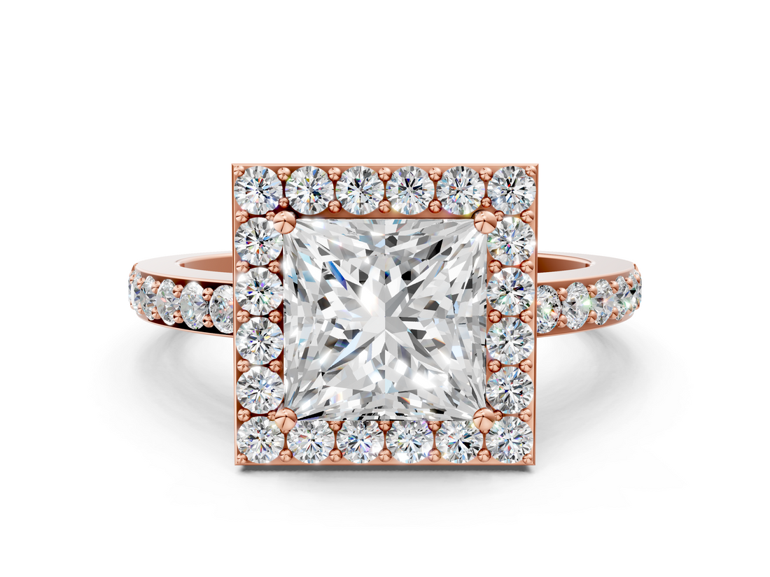 Rose gold Princess Halo Diamond Pavé Band Ring with Prong Setting_20