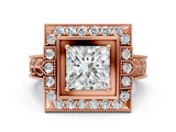 Rose gold Princess Halo Diamond Ring with Milgrain Bezel and Prong Setting_6