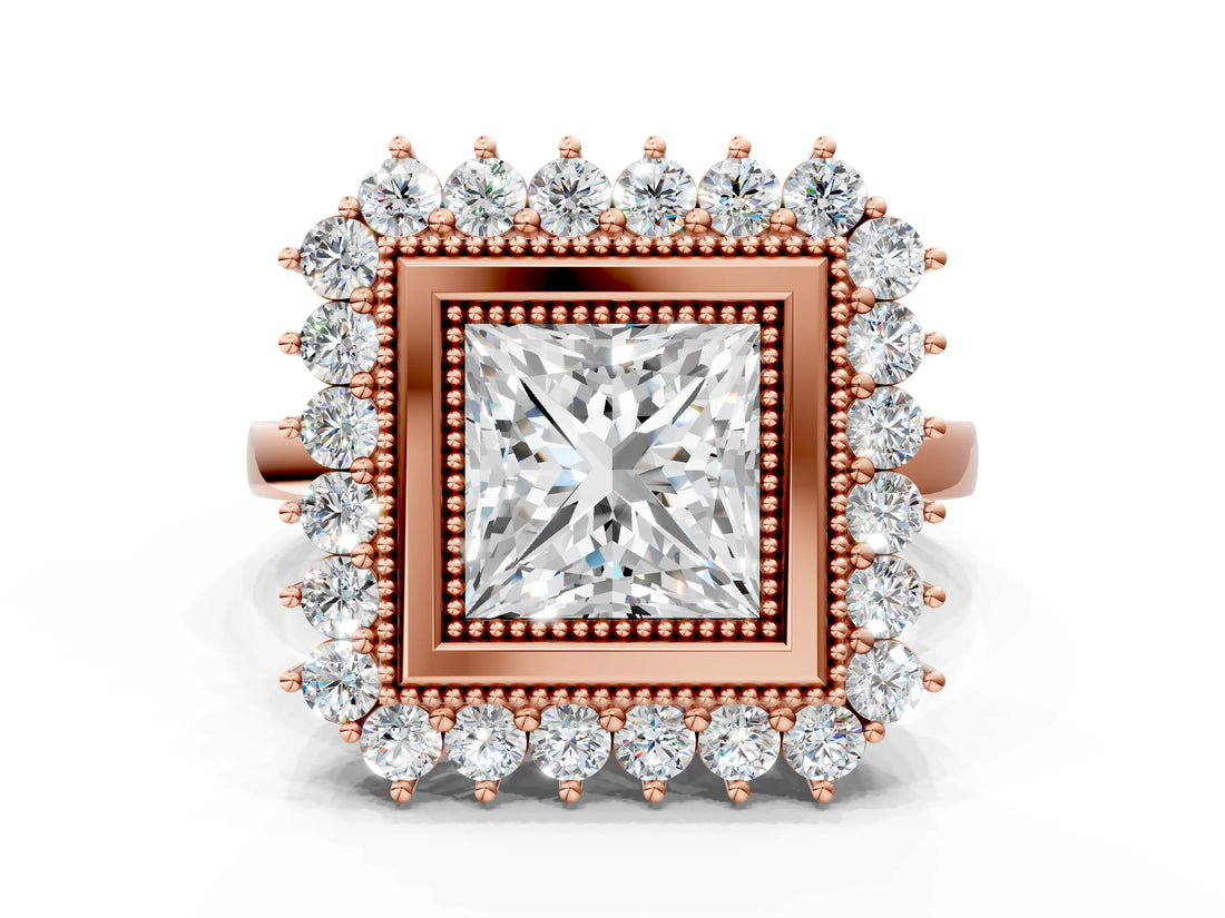 Rose gold Princess Halo Diamond Ring with Milgrain Edge and Round Prong Setting_26