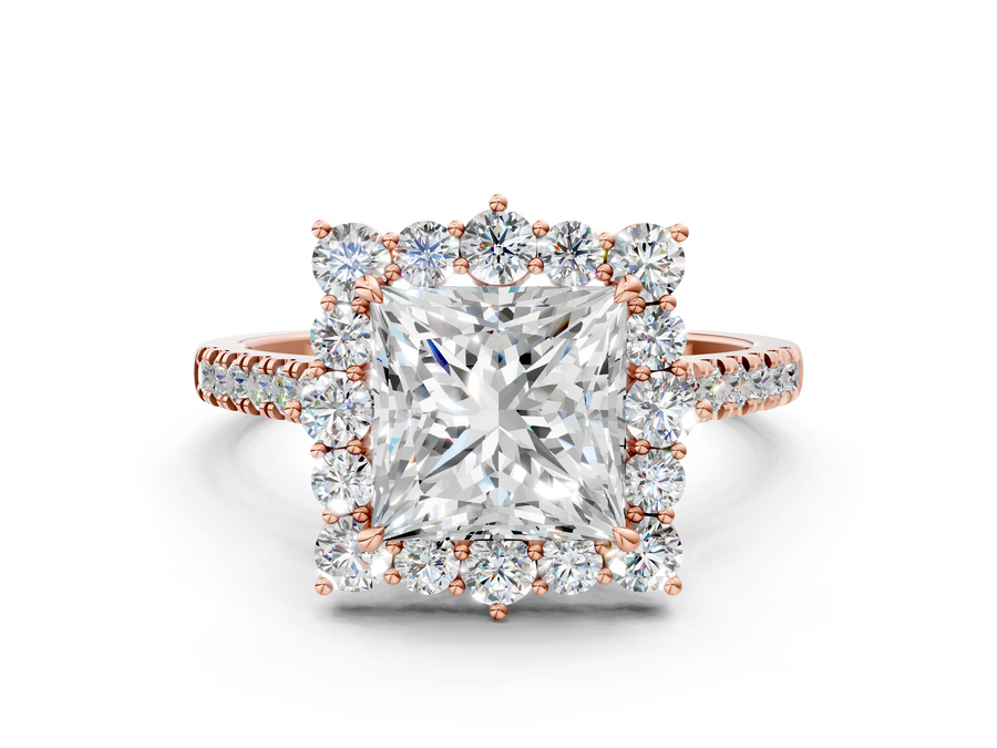 Rose gold Princess Halo Diamond Ring with Pavé Band and Prong Setting