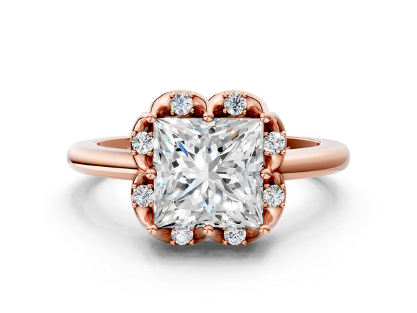Rose gold Princess Halo Diamond Ring with Round Cluster Setting, Solitaire Band, and Four-Prong Setting