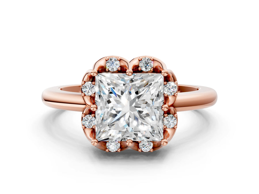 Rose gold Princess Halo Diamond Ring with Round Cluster Setting, Solitaire Band, and Four-Prong Setting