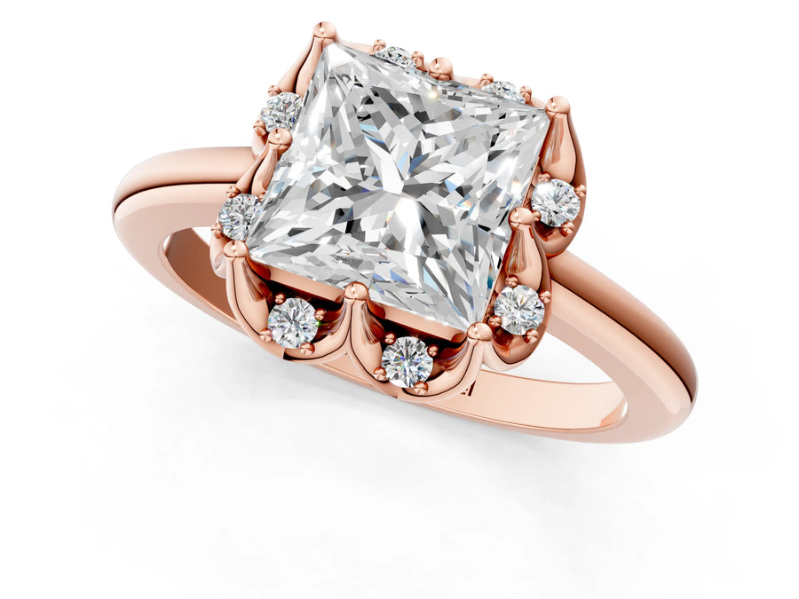 Rose gold Princess Halo Diamond Ring with Round Cluster Setting, Solitaire Band, and Four-Prong Setting