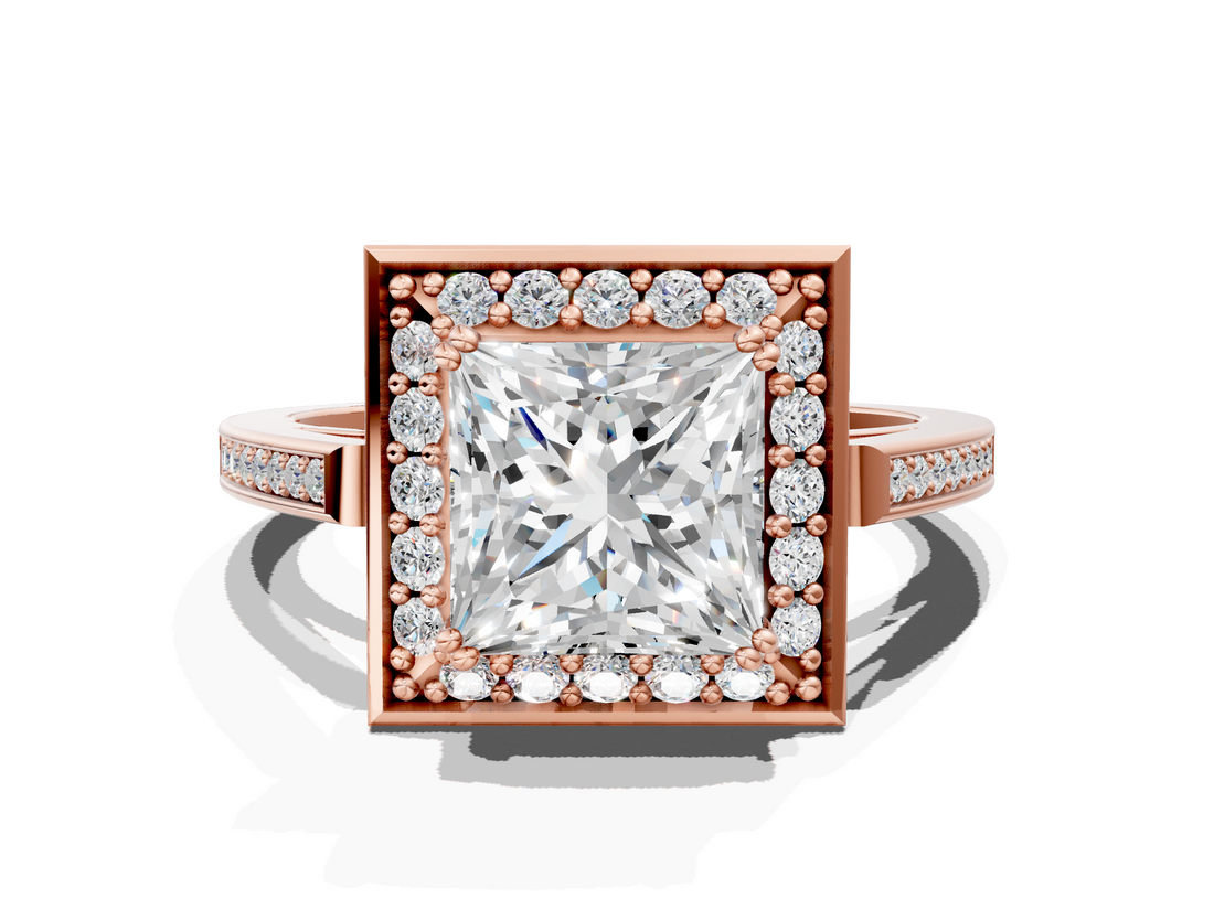 Rose gold Princess Halo Diamond Ring with Split Shank and Four-Prong Setting_84