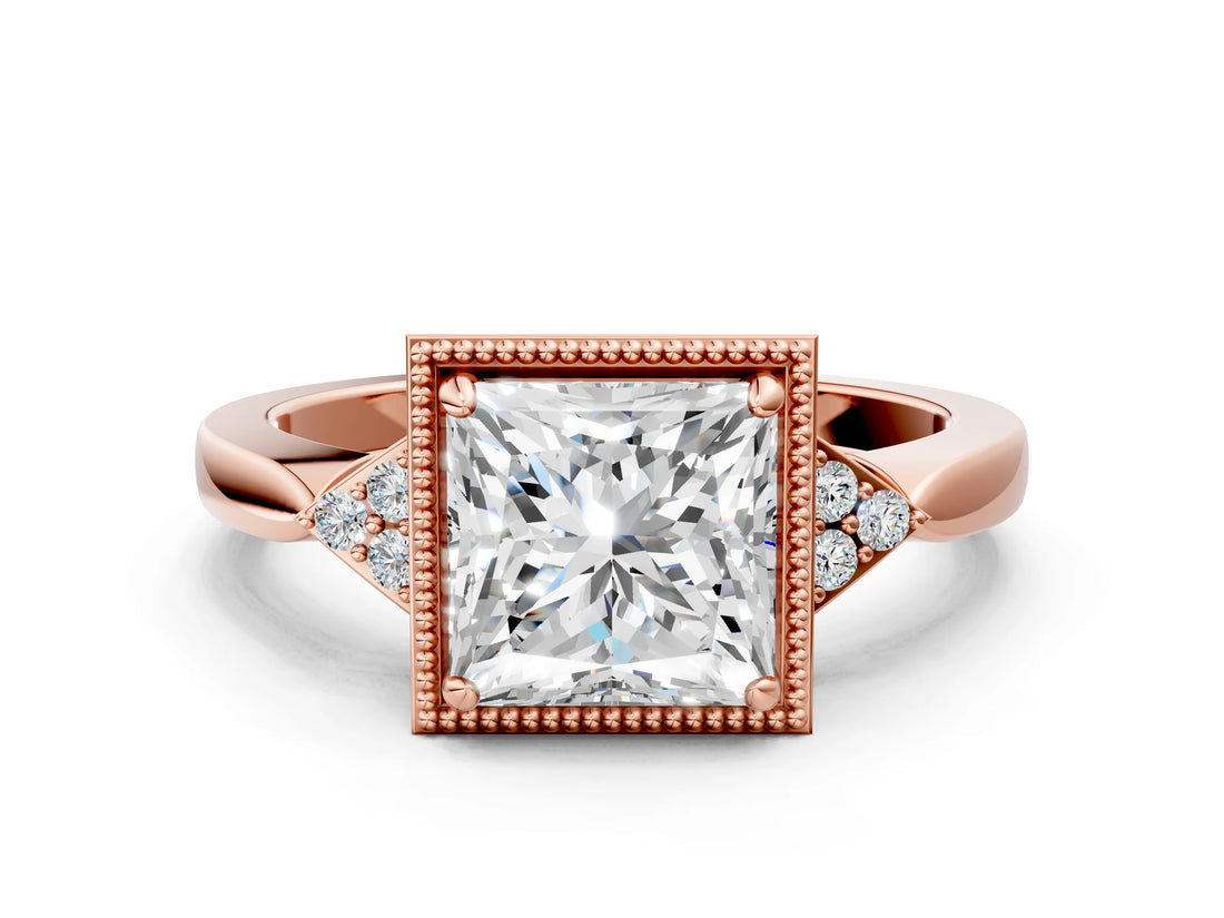 Rose gold Princess Halo Diamond Ring with Tapered Band and Four-Prong Setting_3
