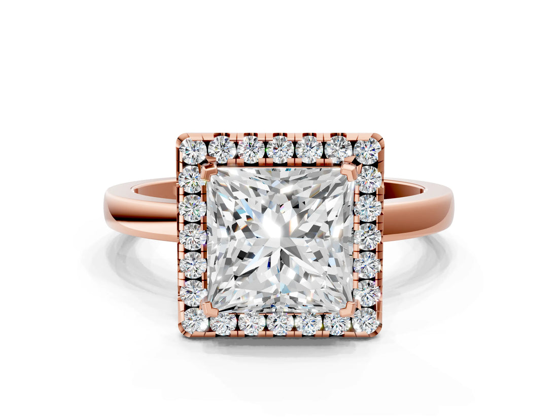 Rose gold Princess Halo Diamond Solitaire with Pavé Band and Four-Prong Setting_96