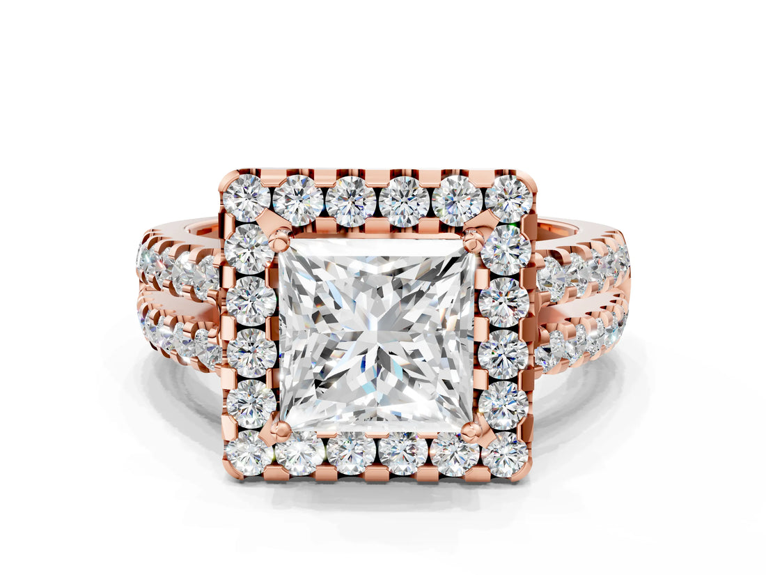 Rose gold Princess Halo Diamond Split Shank Engagement Ring with Prong Setting_75