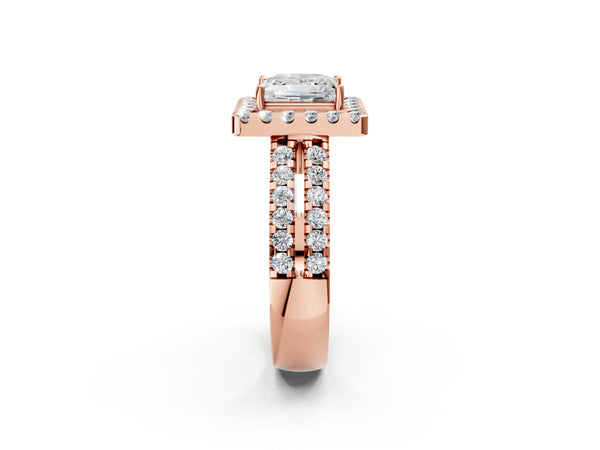 Rose gold Princess Halo Diamond Split Shank Engagement Ring with Prong Setting
