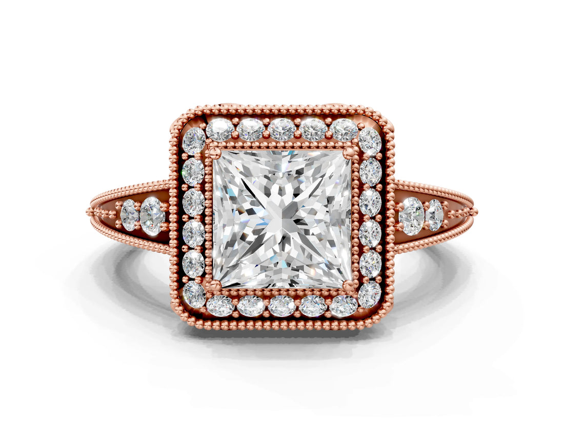 Rose gold Princess Halo Diamond Split Shank Ring with Milgrain Detail_49