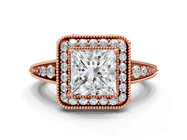 Rose Gold Princess Cut Vintage Halo Engagement Ring Setting with Tapered Pave Band and Milgrain