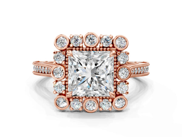 Rose gold Princess Halo Milgrain Pave Diamond Ring with Four-Prong Setting