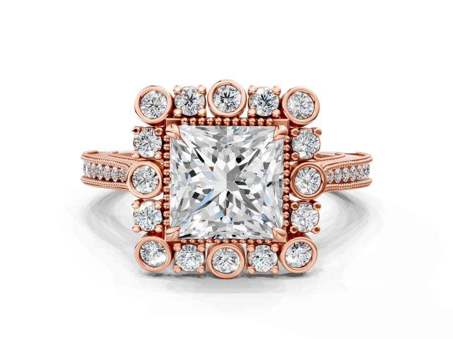 Rose gold Princess Halo Milgrain Pave Diamond Ring with Four-Prong Setting