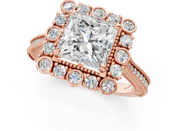 Rose gold Princess Halo Milgrain Pave Diamond Ring with Four-Prong Setting