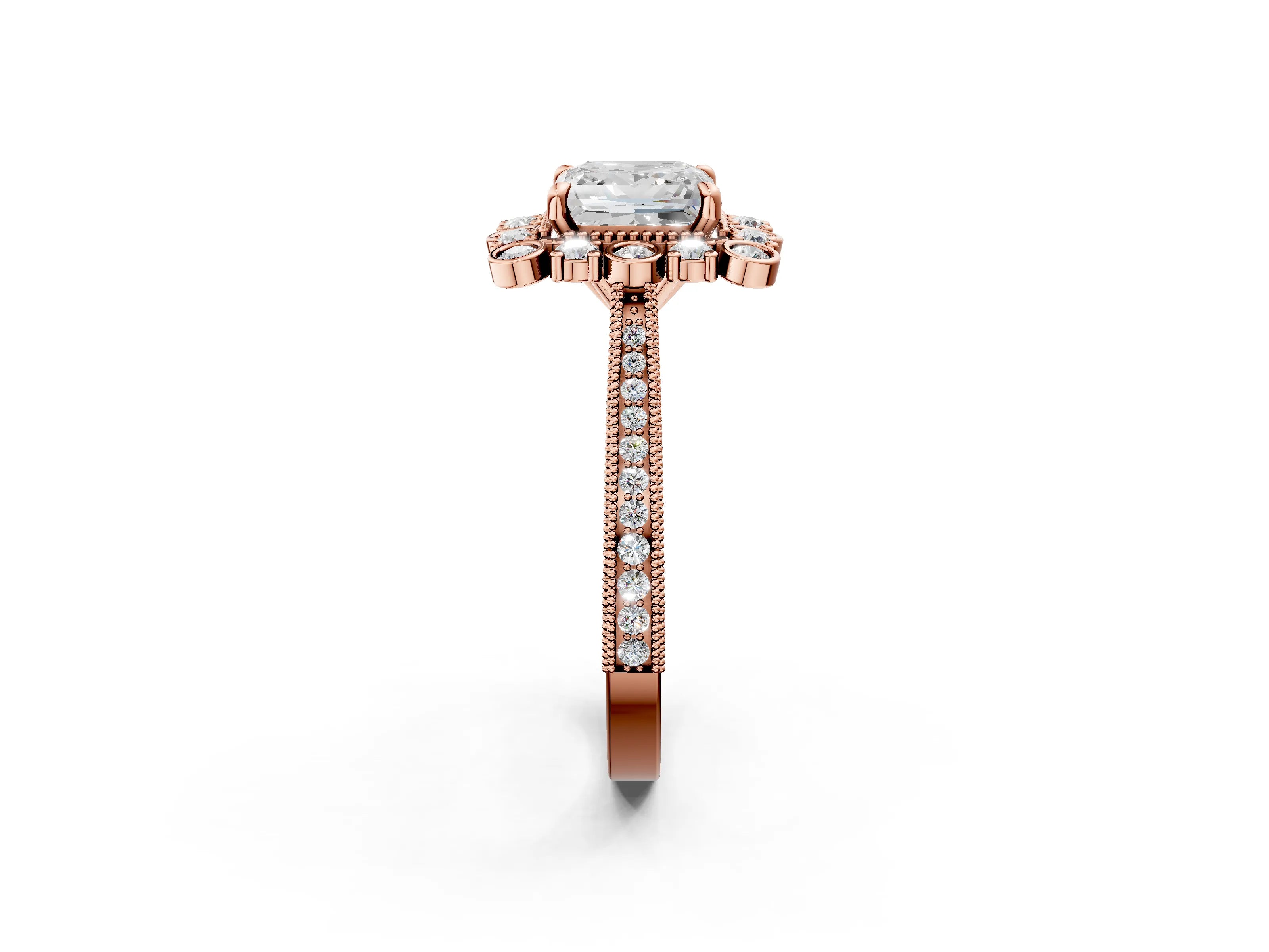 Rose gold Princess Halo Milgrain Pave Diamond Ring with Four-Prong Setting 3