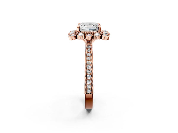 Rose gold Princess Halo Milgrain Pave Diamond Ring with Four-Prong Setting