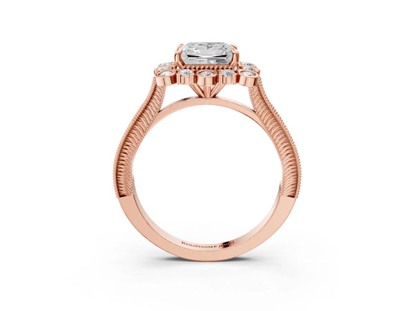 Rose gold Princess Halo Milgrain Pave Diamond Ring with Four-Prong Setting