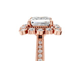 Rose gold Princess Halo Milgrain Pave Diamond Ring with Four-Prong Setting
