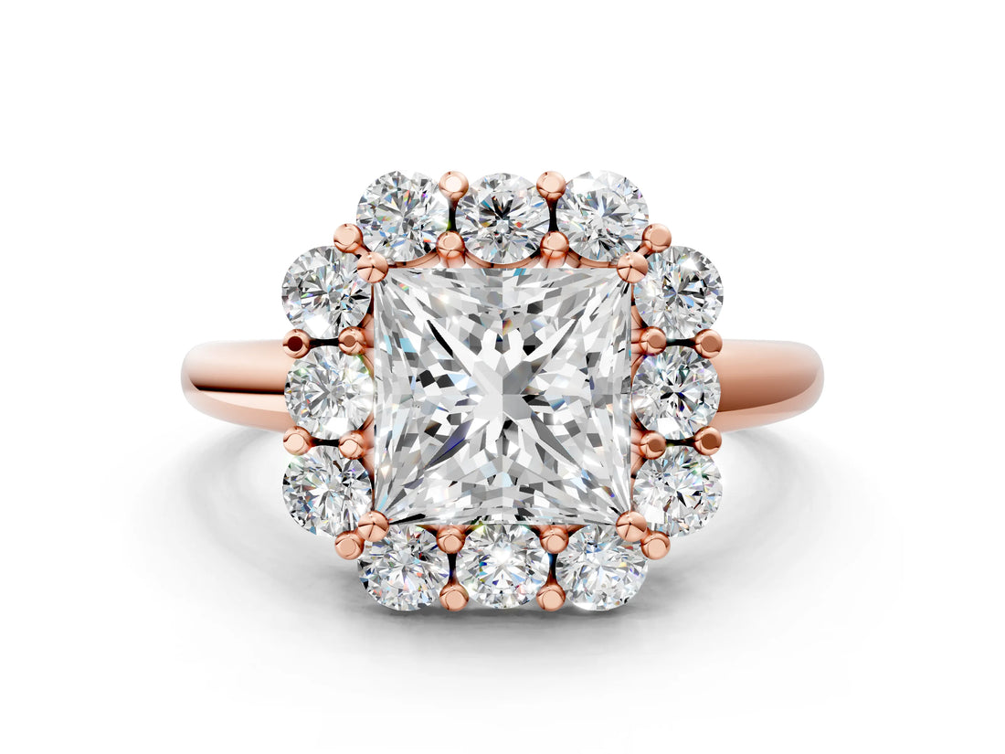 Rose gold Princess Halo Milgrain Solitaire with Bezel Set Side Stones and Pave Band_33