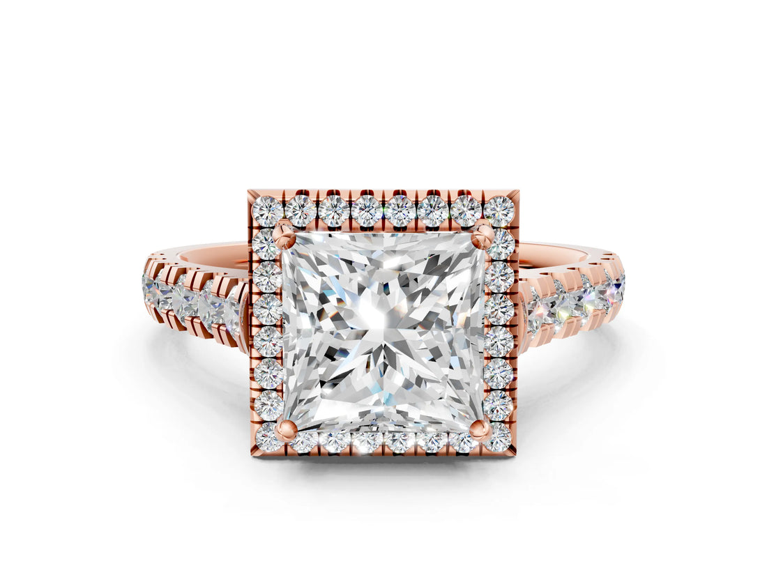 Rose gold Princess Halo Pavé Diamond Engagement Ring with Four-Prong Setting_25