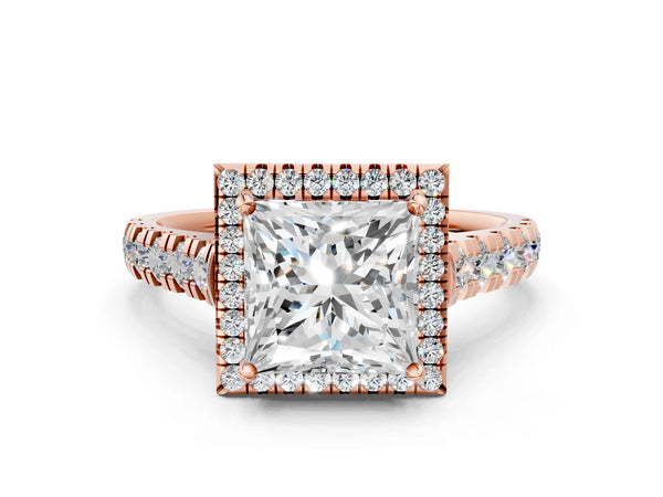 Rose Gold Princess Cut Halo Engagement Ring Setting with Accented Shoulders and Bezel Gallery Accents