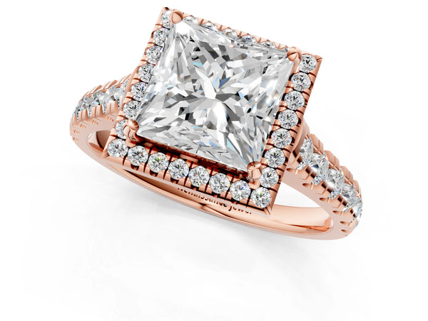 Rose Gold Princess Cut Halo Engagement Ring Setting with Accented Shoulders and Bezel Gallery Accents